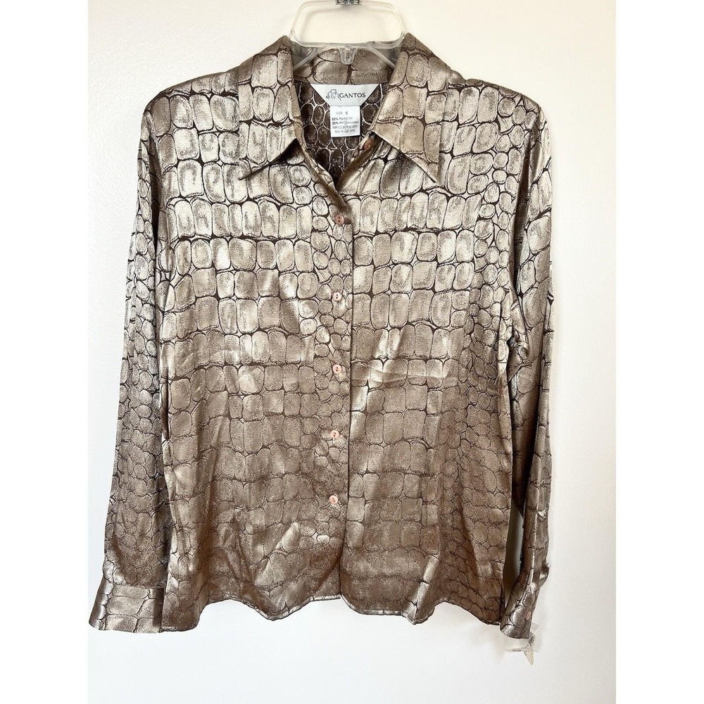 Gantos Blouse Womens 6 Bronze Metallic Crocodile Print VTG  Button Up G28658.2